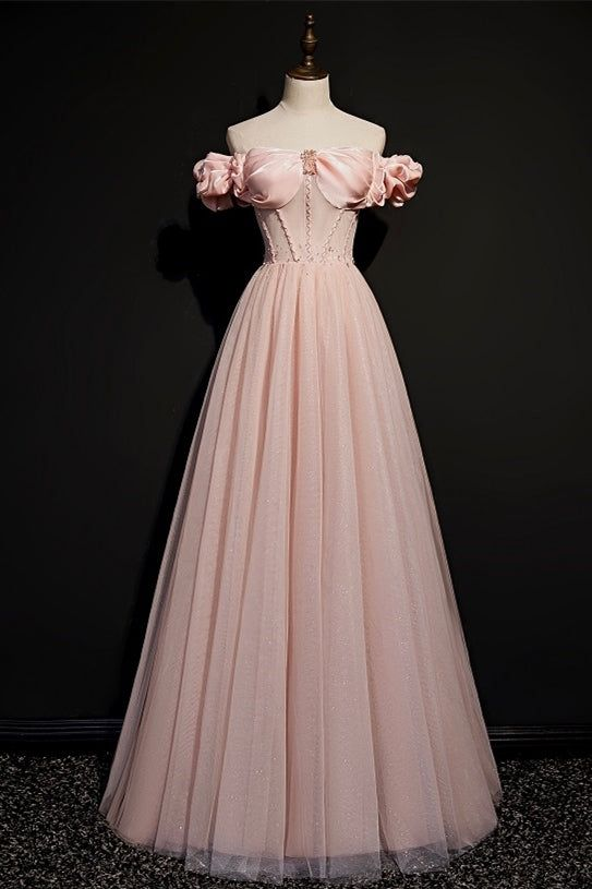 Lovely Pink Off The Shoulder Tulle Beading Prom Dress A Line Party Evening Dress