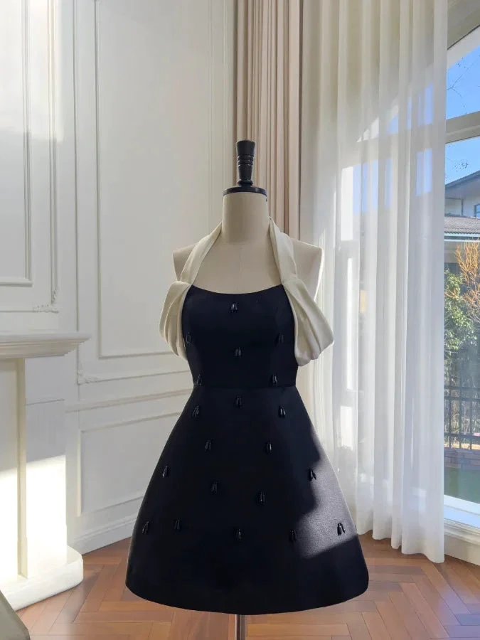 Elegant Black Halter Satin Beaded A Line Homecoming Dress Short Party Dress Y8575 by simplepromdress