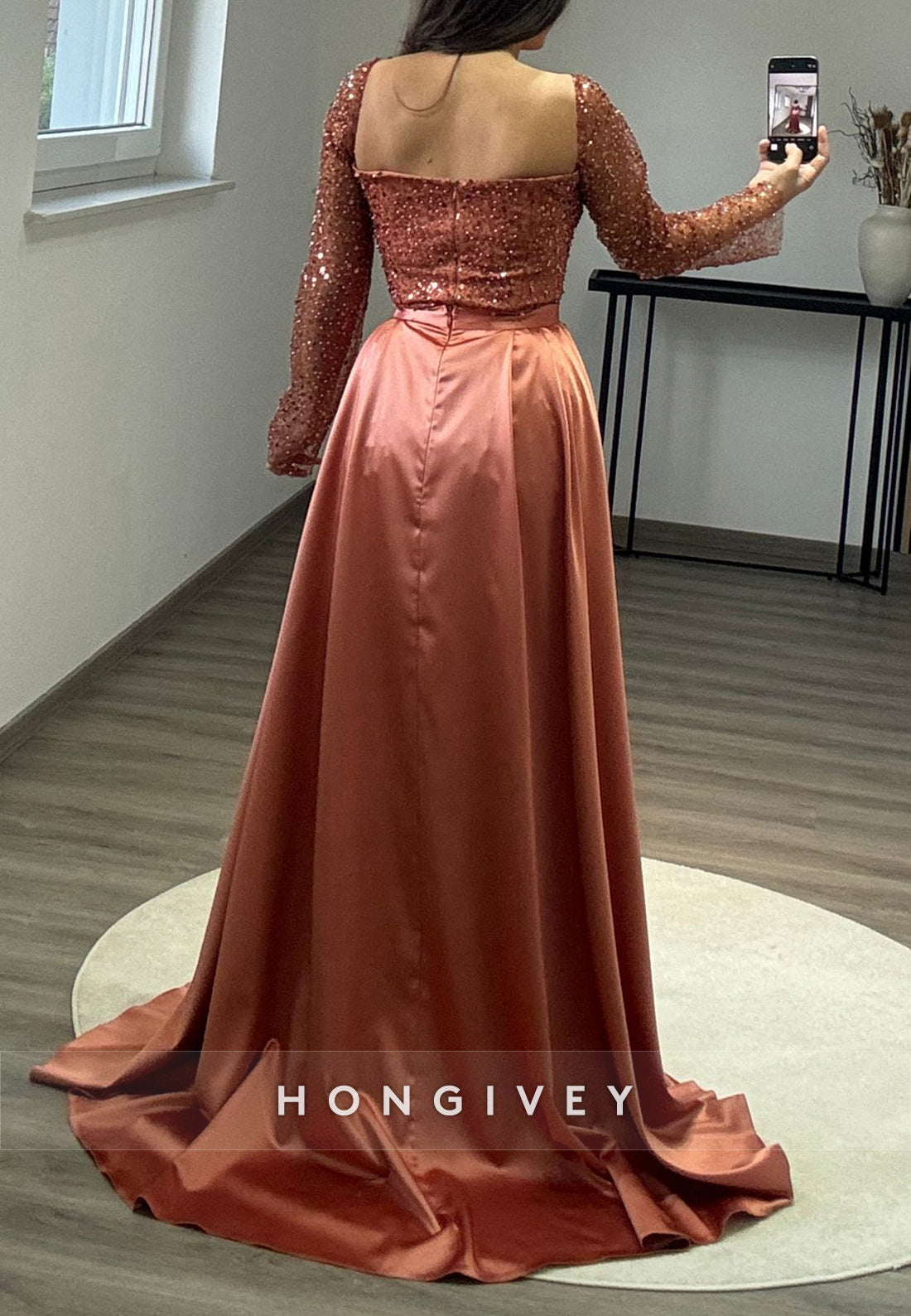 Detachable Train Long Sleeves Pleated Evening Formal Dresses
