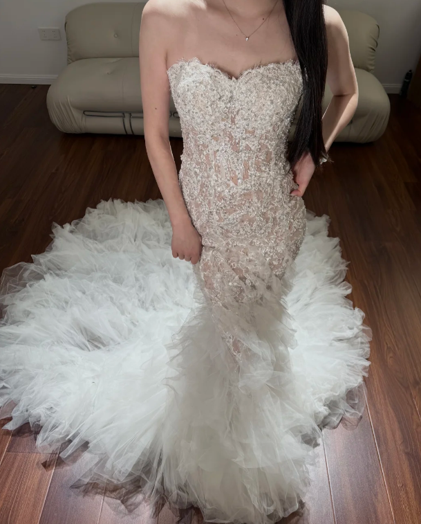 White Wedding Dress With Lace Deco Mermaid Wedding Gowns - VelvetHem
