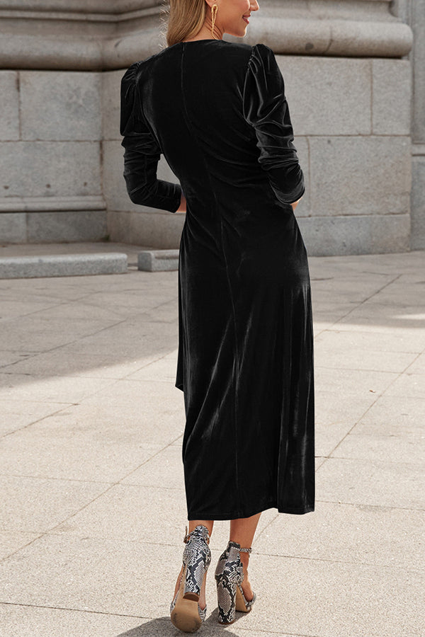 French design elegant long-sleeved evening dress gold velvet dress - View 8 | VelvetHem
