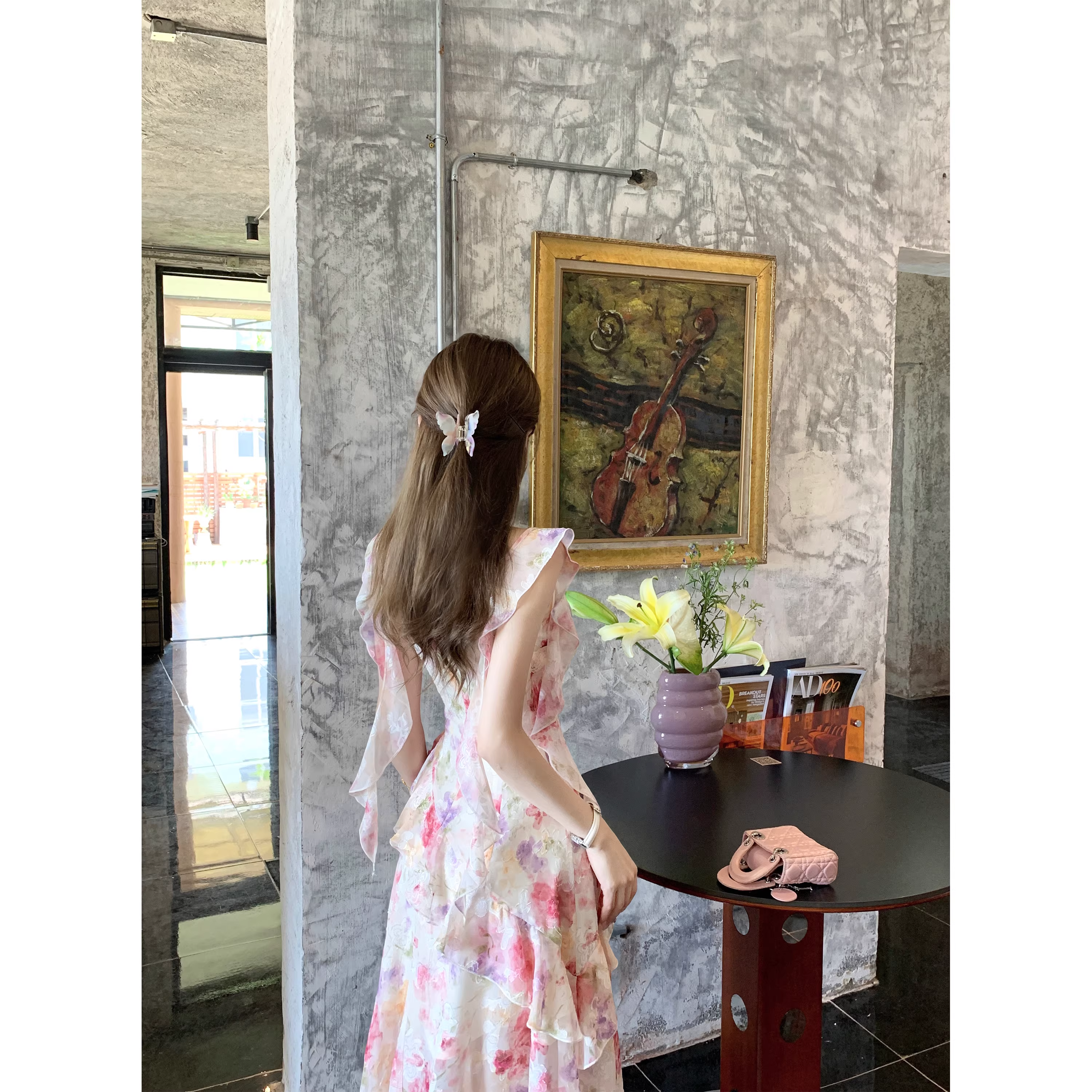 French-style resort pink floral print maxi dress for women A25