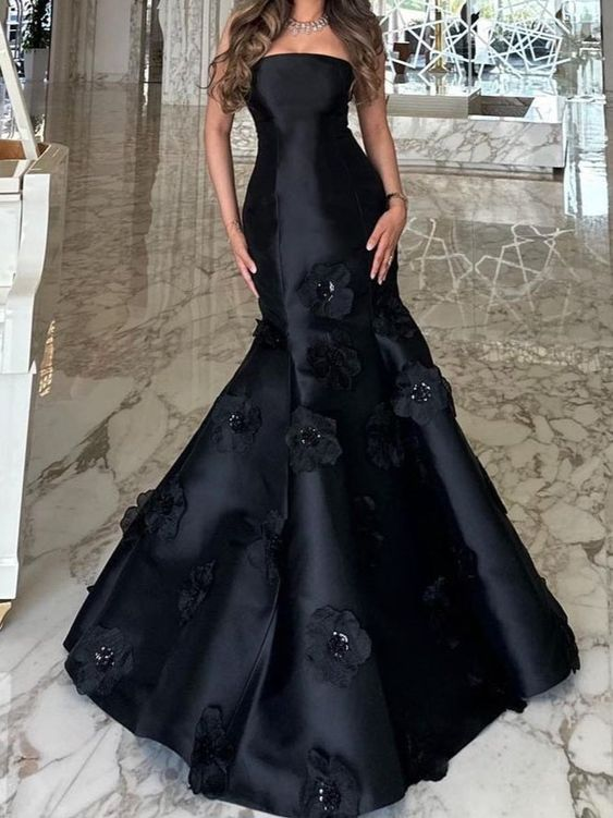 Black Strapless Flowers Mermaid Evening Dress Formal Prom Dress Y7459 - View 2 | VelvetHem