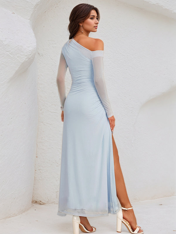Sky Blue Chiffon One-Shoulder Long Sleeves Ankle Length Dress With High Slit - View 2 | FashionDia