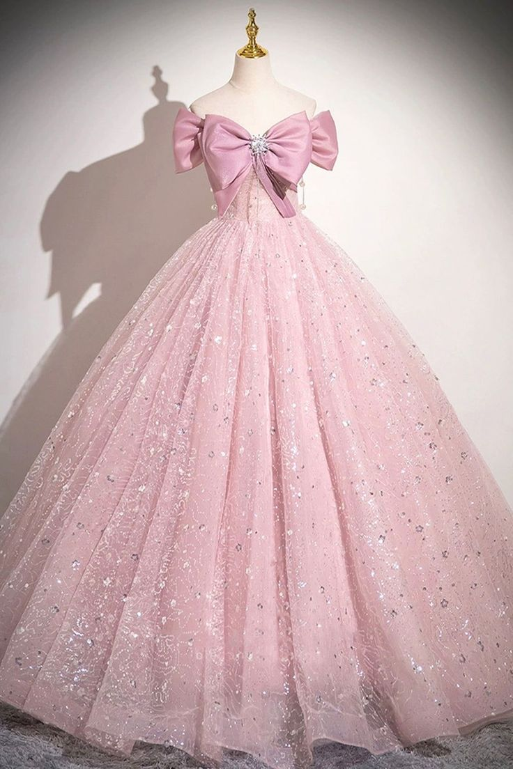 Cute Pink Tulle Sequins Long A-Line Ball Gown, Off-the-Shoulder Sweet 16 Dress