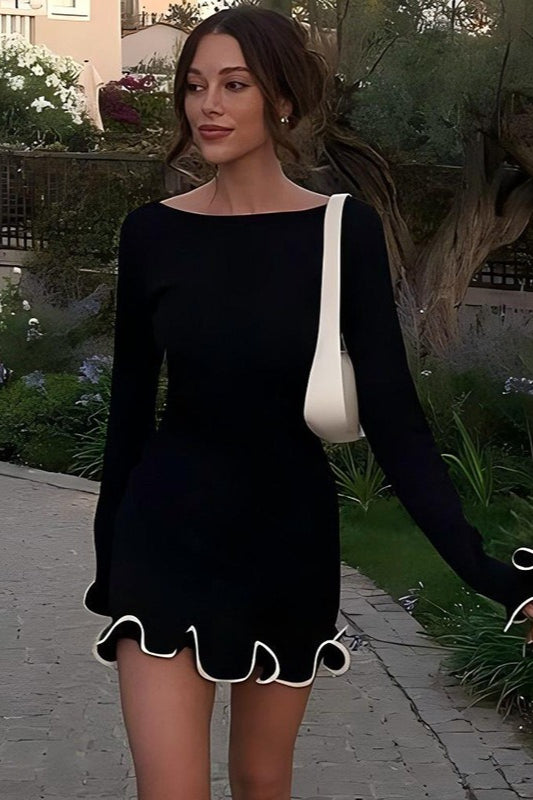Cuffed Sleeve Solid Knit Mini Sweater Dress - VelvetHem