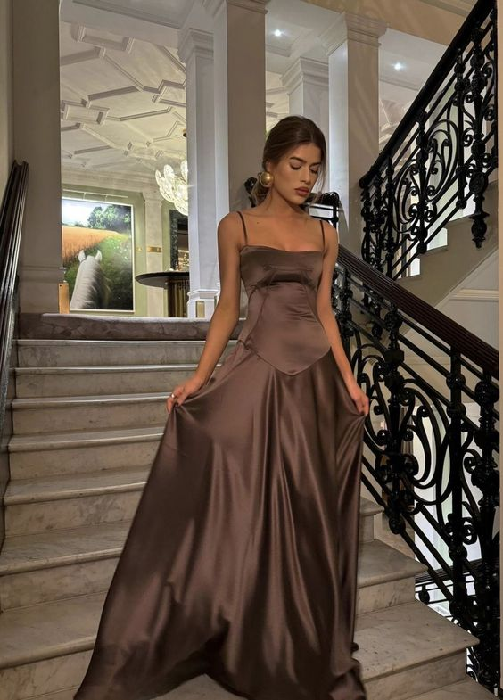 Vintage Brown Spaghetti Straps Prom Dress Long A Line Satin Party Evening Dress