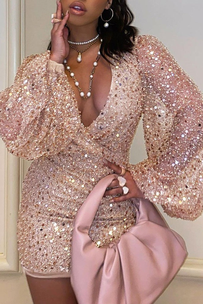 Long Sleeve V-Neck Sequin Bodycon Mini Sequin Dress - VelvetHem