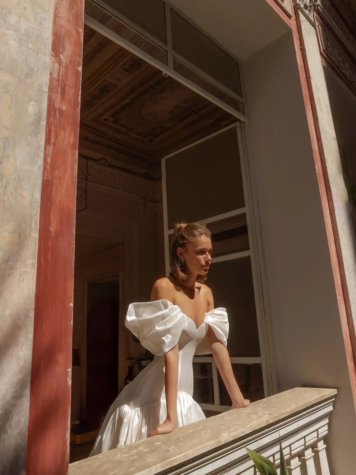 Romantic White Satin Off-the-Shoulder Puff Sleeve Ball Gown Wedding Dress ZP113 - View 7 | VelvetHem