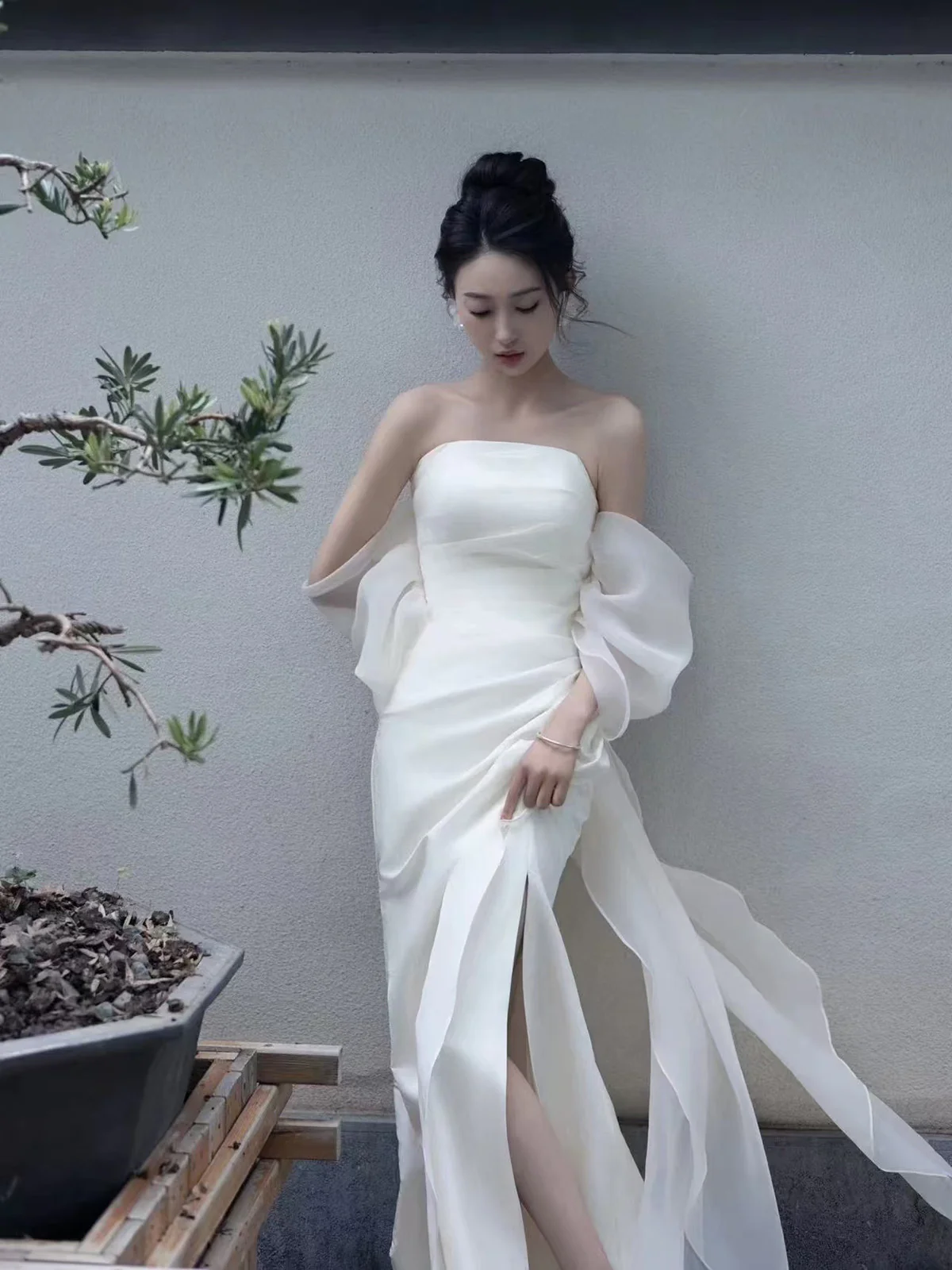 Elegant White Strapless Prom Dress, High Slit Fairy Wedding Guest Gown Maxi Dress - View 2 | FashionDia