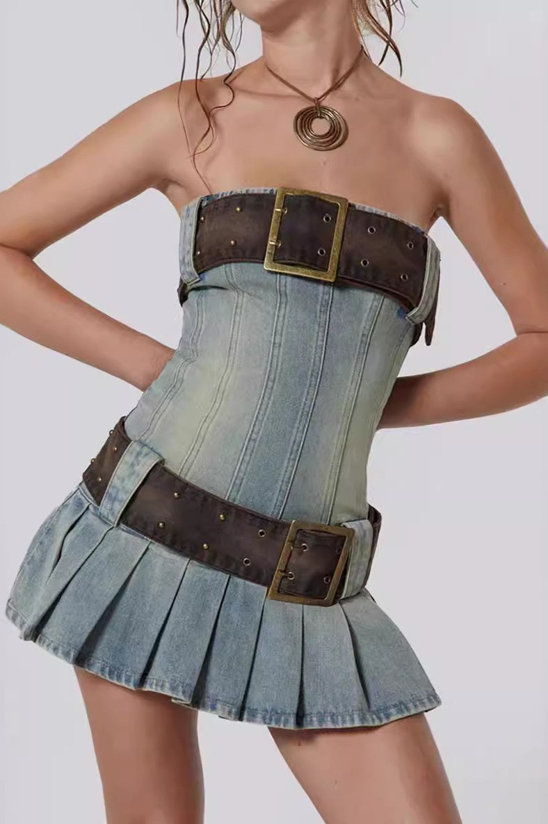 Y2K Pleated Denim Dress - View 5 | VelvetHem