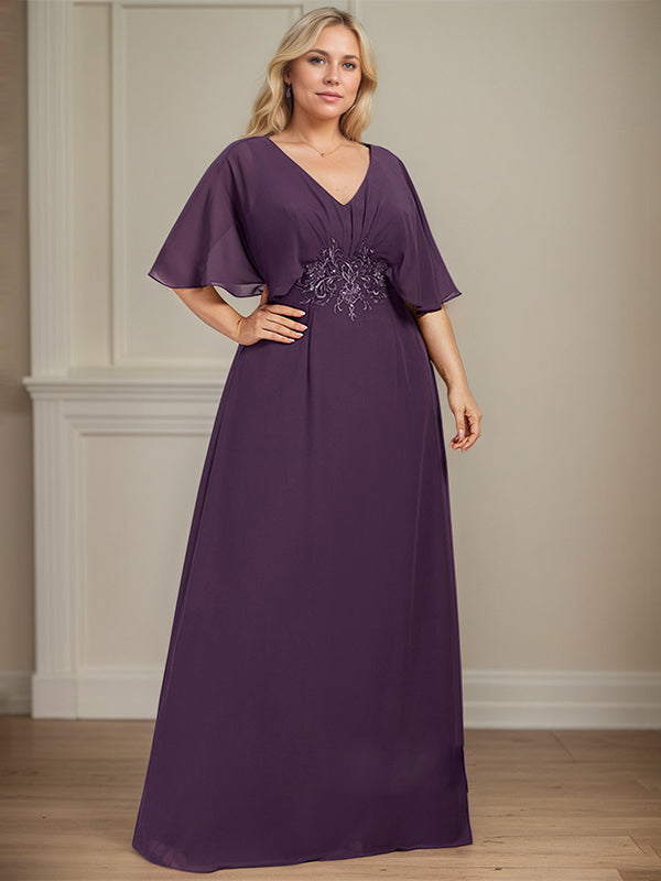 A-Line V-Neck Floor-Length Chiffon Mother of the Bride Dress With Appliques Pleated - View 9 | FashionDia