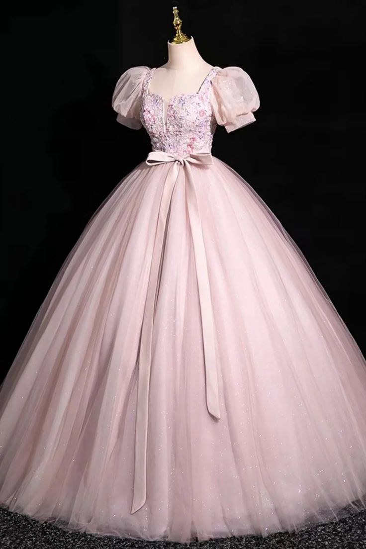 Pink Short Sleeves Floor-Length Tulle Long Prom Dress, Long Pink Tulle Formal Evening Dress - View 4 | FashionDia