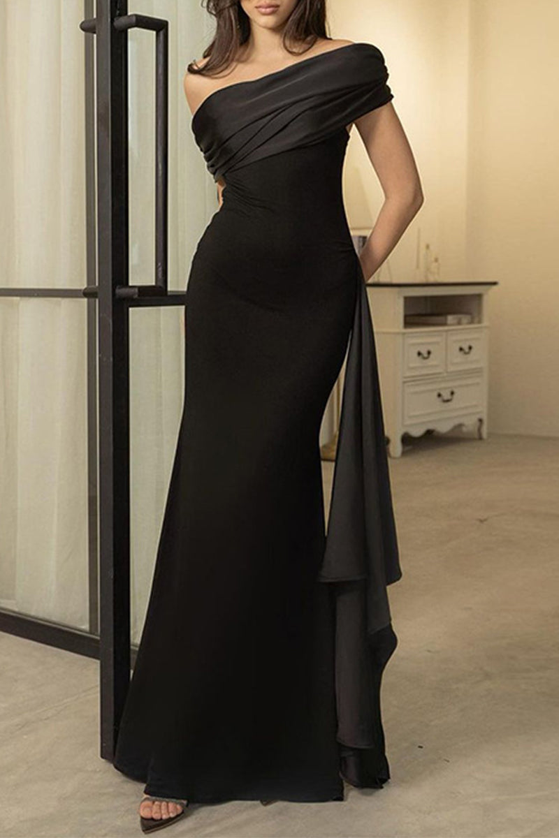Sexy Formal Solid Mesh Oblique Collar Evening Dresses - View 5 | VelvetHem