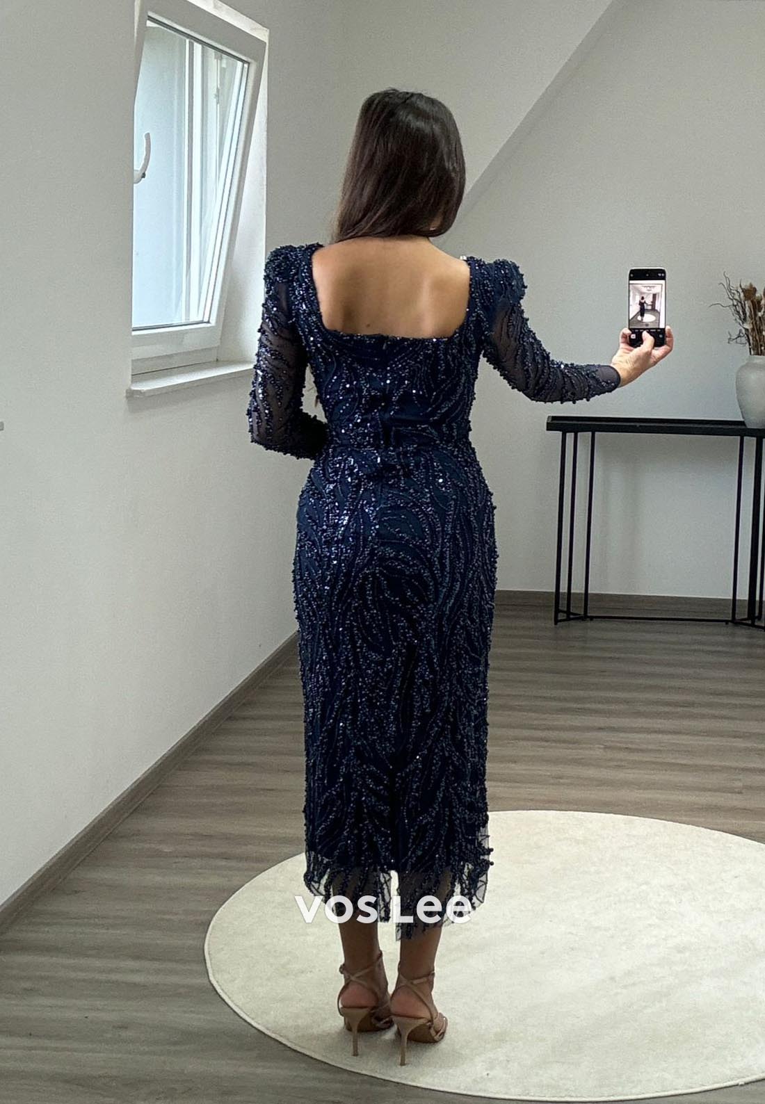 Tea-Length Square Beading Long Sleeve Formal Dresses
