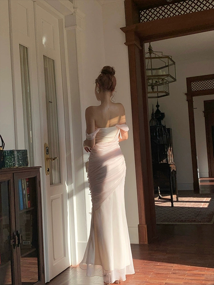 Pink Chiffon Long Prom Dress With 3d Butterfly Off-the-Shoulder Sweet Evening Gown