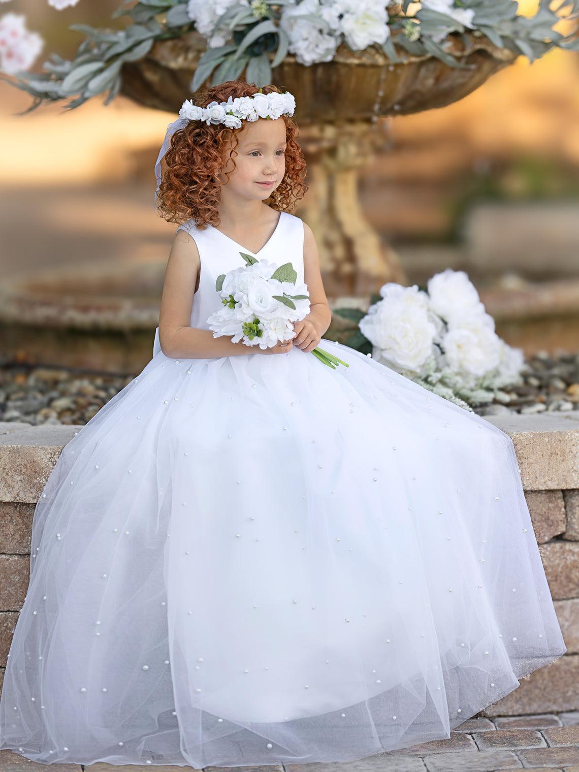 Elegant Princess Ball Gown Satin & Tulle Flower Girl Dress - View 4 | VelvetHem