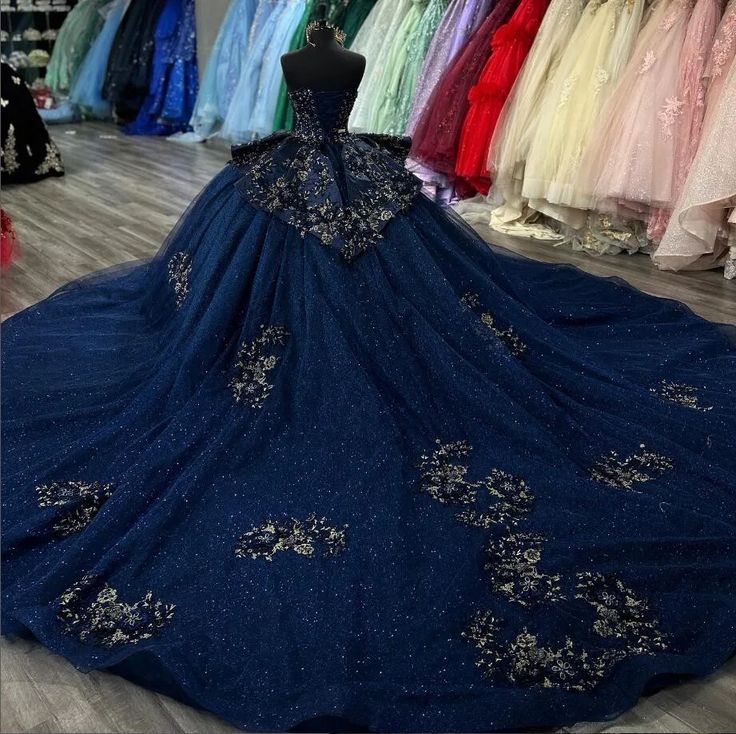 Navy Blue Sparkly Princess Quinceanera Dresses Applique Peplum Corset de 15 quincea?eras Sweet 16 Ball Gown - View 2 | FashionDia