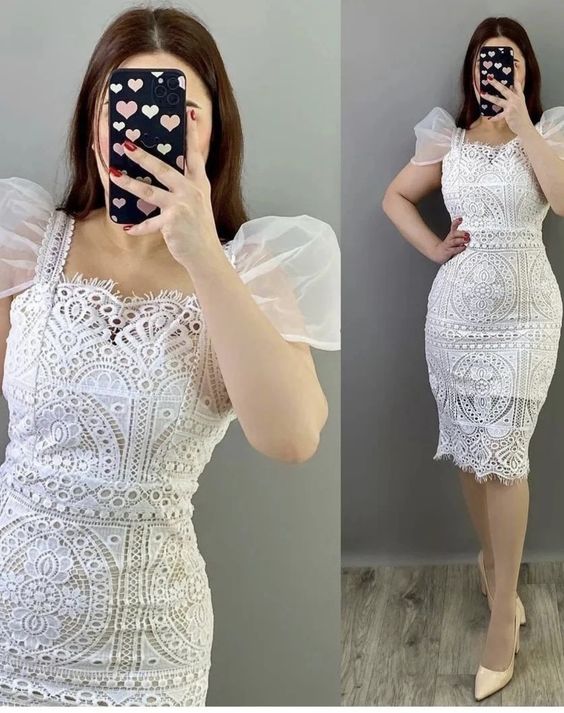 White Lace Dress Women Square Neck Puff Sleeve Hook Flower Hollow Party Dresses - View 2 | FashionDia