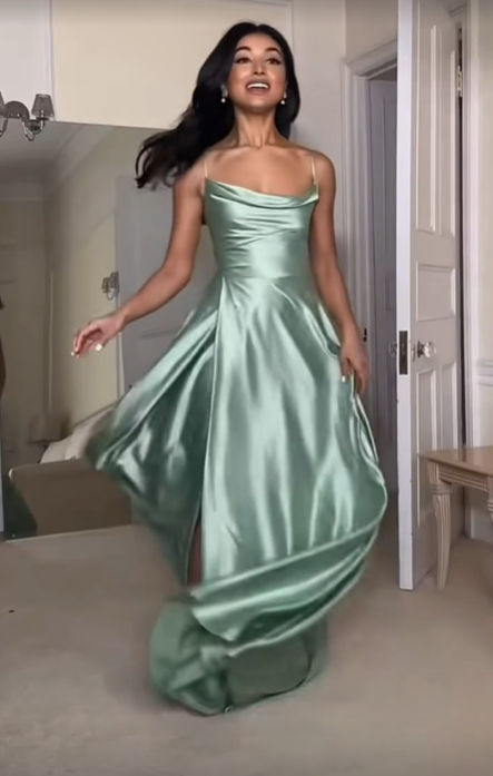 Sexy Slit Satin Evening Dress Spaghetti Straps A-Line Prom Dress - FashionDia