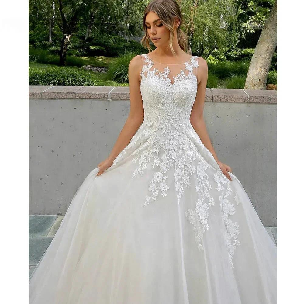 Elegant Wedding Dress A-Line O-Neck Tank Lace Appliques Illusion Button Tulle Bride Gown Robe De Mariée Customized by payinti