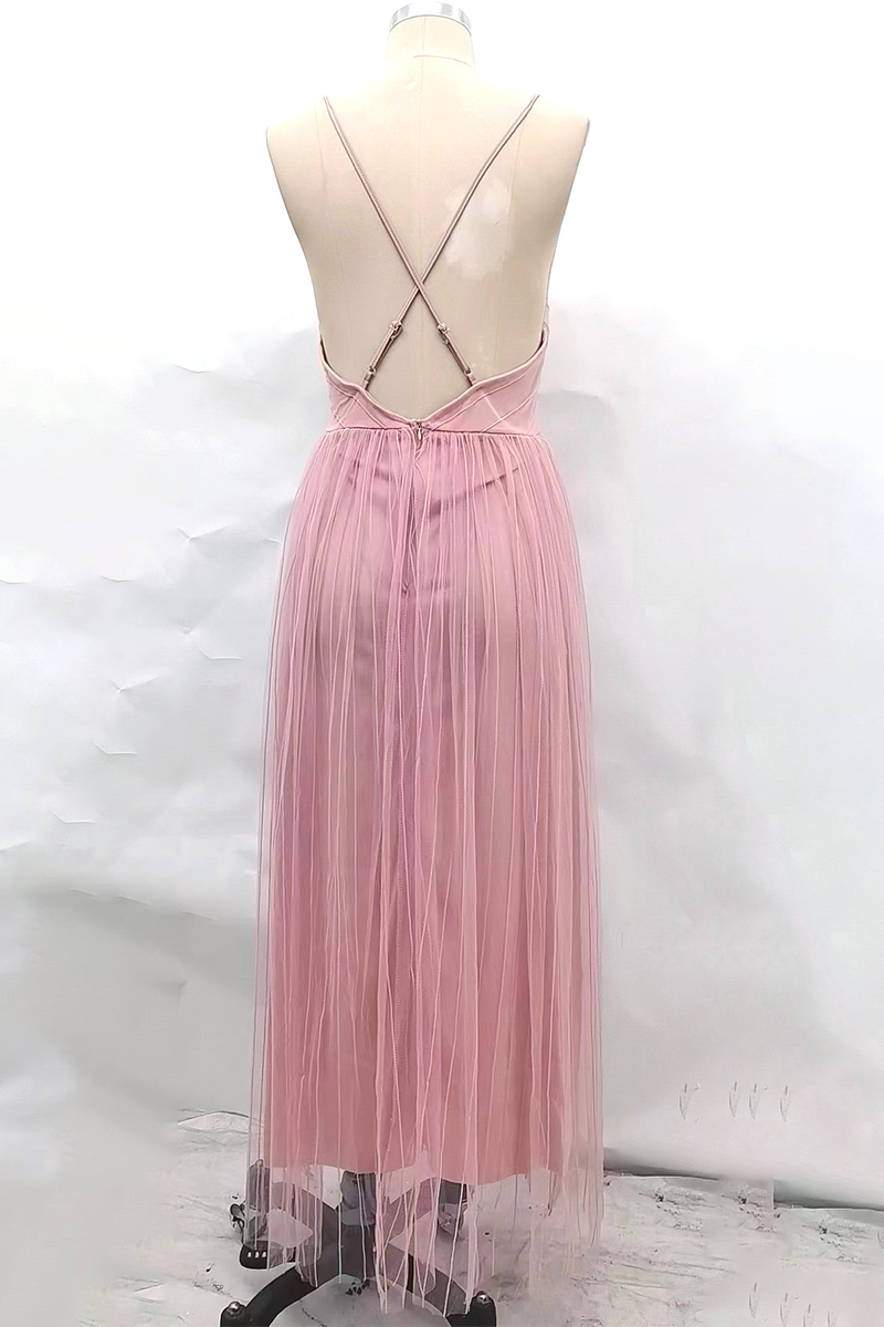 Sexy Solid Color Backless Mesh V Neck Evening Dresses - View 4 | VelvetHem