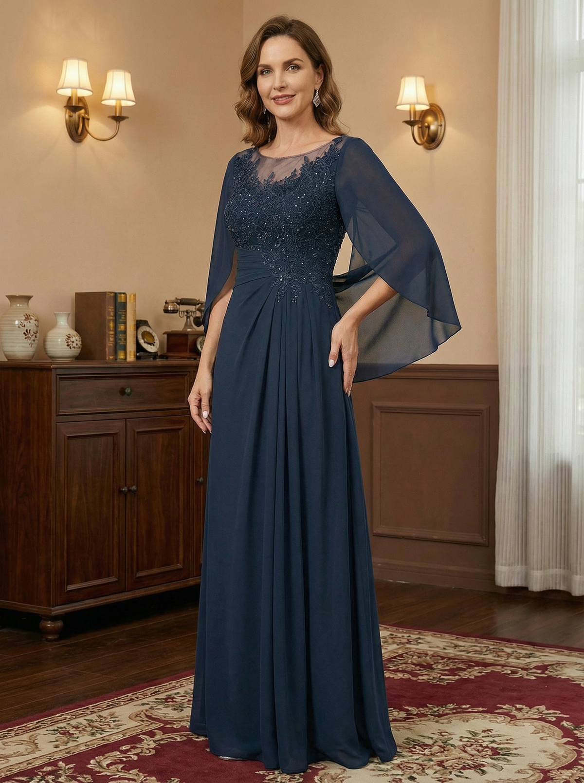 A-Line/Princess Scoop Floor-Length Mother of the Bride Dresses with Pleated & Sequins - View 4 | FashionDia