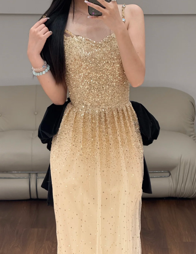 Gold Sequin Prom Party Dress Birthday Outfit Shiny Evening Dress - View 2 | FashionDia