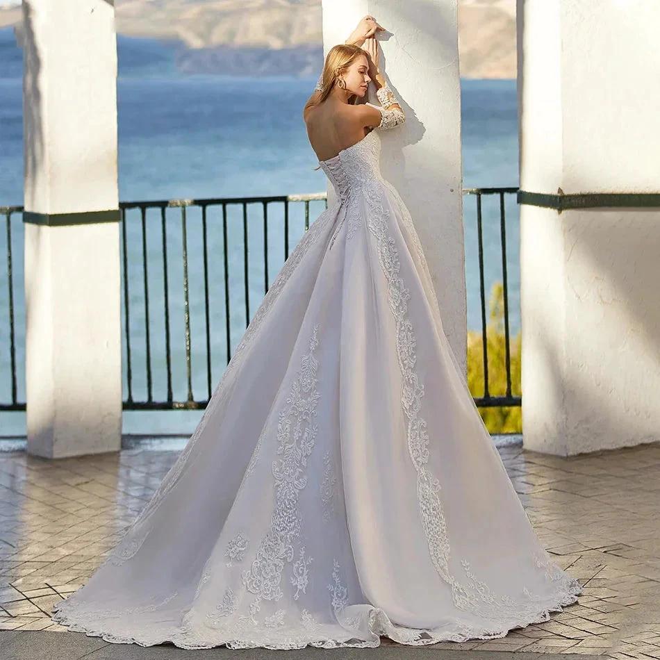 Word Wedding Dresses Women's Elegant Bohemian Beaded Sweetheart Princess Off Shoulder Long Sleeve Lace Applique Bride Gowns (ZD14170)