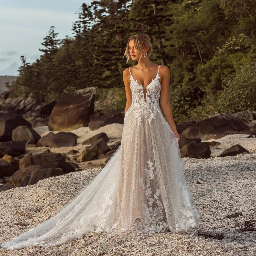 Boho Lace Wedding Dress Spaghetti Straps Deep V-Neck A-Line Bridal Gown with 3D Floral Appliqu�s - VelvetHem
