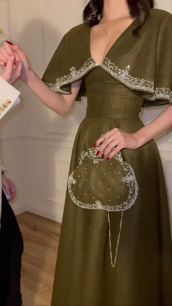 Retro Style V-Neck Long Prom Dress,Winter Dance Dress - View 8 | FashionDia