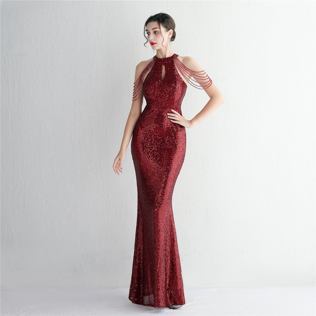 Sequined Craft Beading Cocktail Evening Dress Elegant Long Halter Slim Fit Fishtail - View 7 | VelvetHem