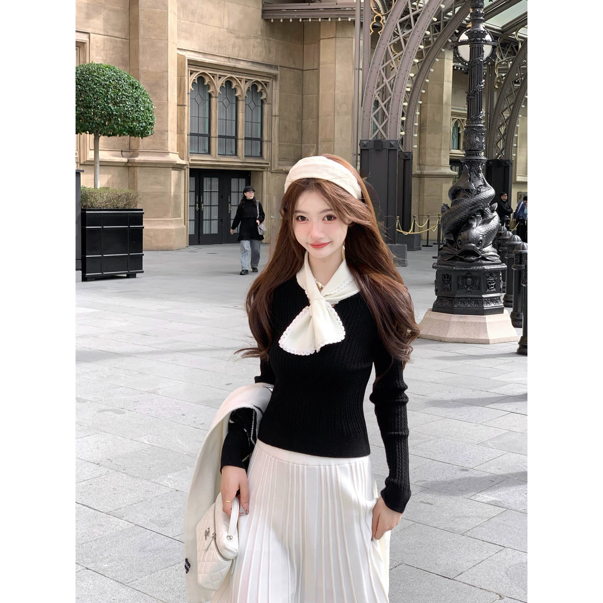 Cable knit long-sleeved black sweater top - FashionDia