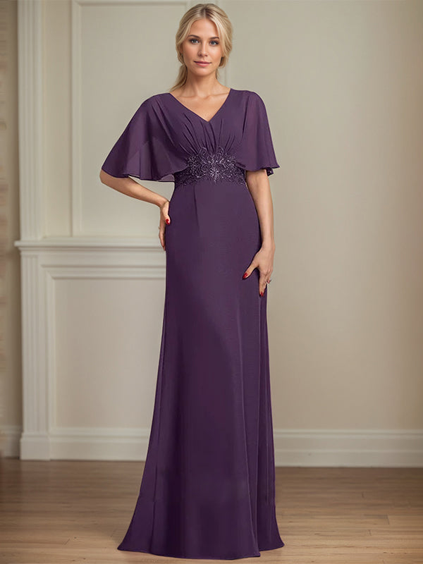 A-Line V-Neck Floor-Length Chiffon Mother of the Bride Dress With Appliques Pleated - FashionDia