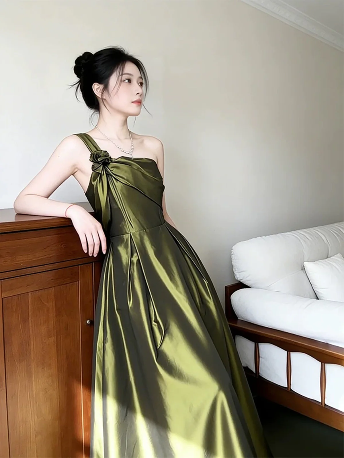 Elegant Olive Green One-Shoulder Satin Prom Dress, Vintage-Inspired A-Line Formal Dress - FashionDia
