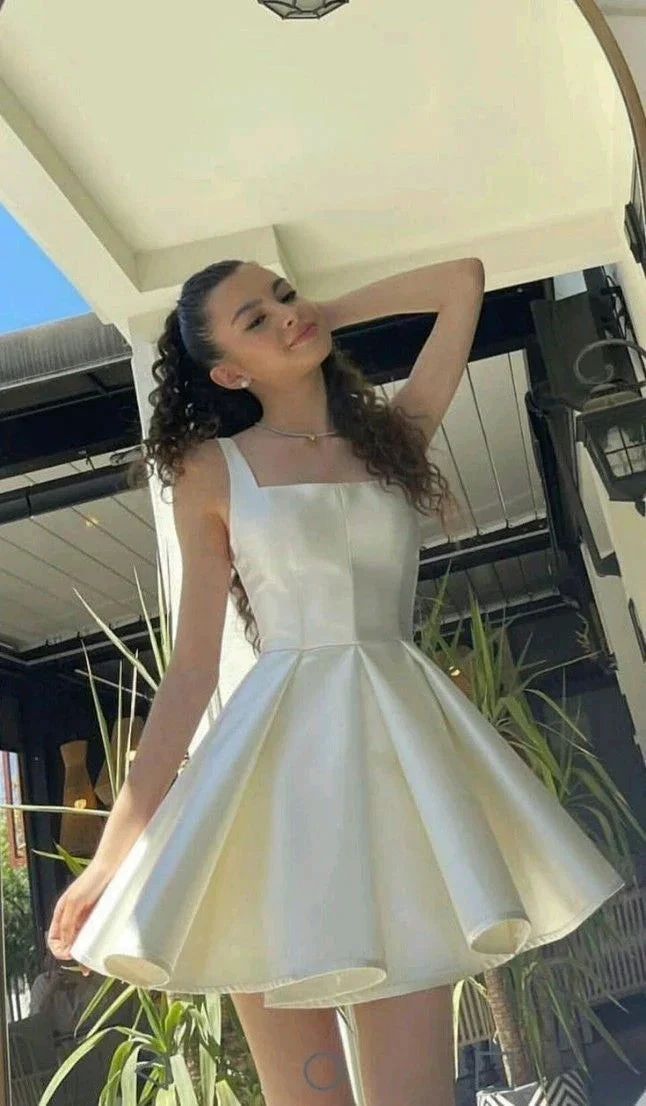 Elegant A Line Straps Ivory Satin Short Homecoming Dress Birthday Dress (ZD11383)