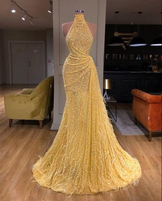 Luxury Yellow Sequins Feathers Evening Dress Sexy Mermaid Party Prom Dress