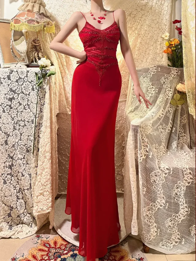 Spaghetti Straps Red Beaded Chiffon Prom Dress Mermaid Sexy Evening Dress