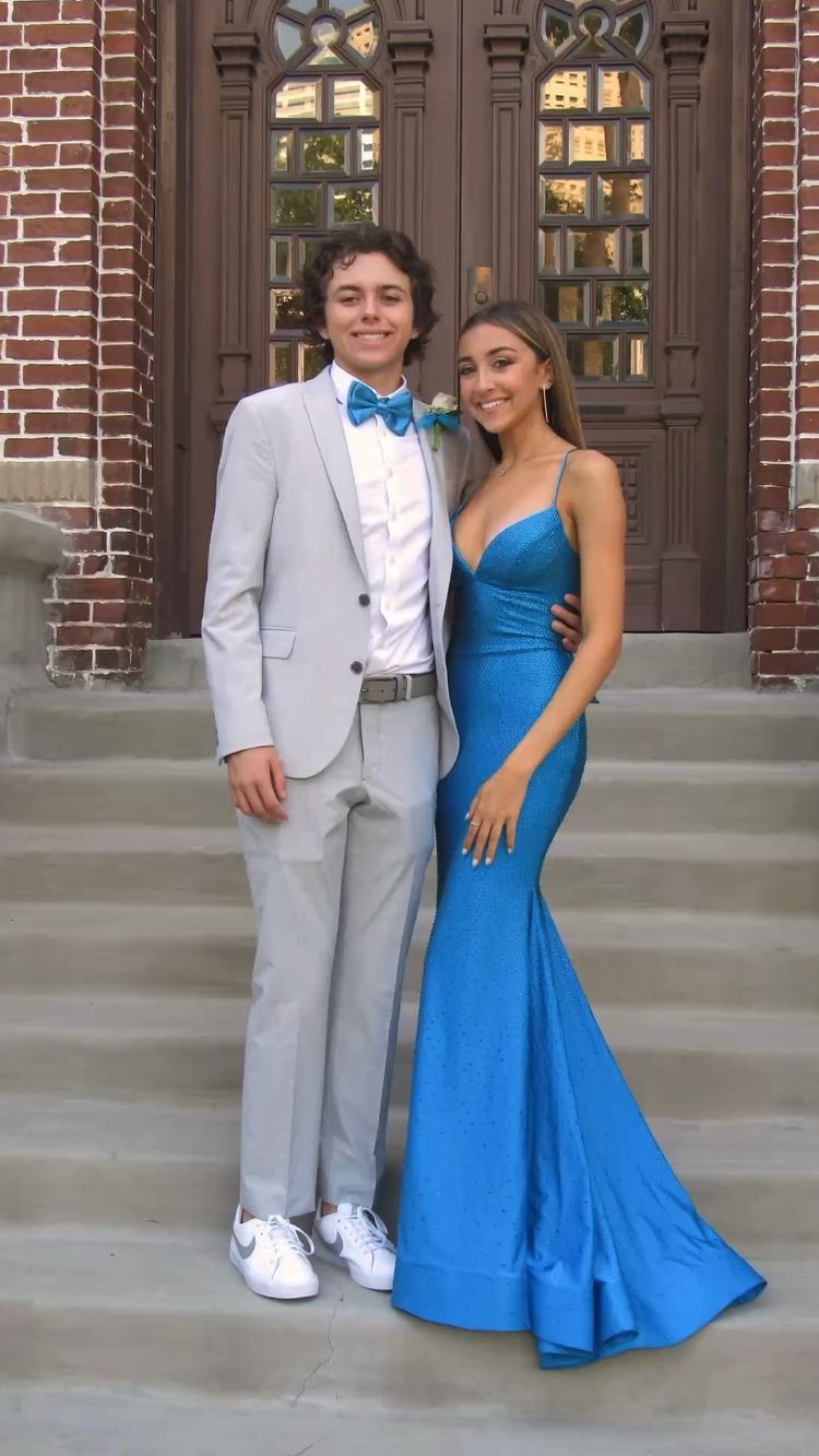 Blue Mermaid V-Neck Satin Beaded Prom Dress Spaghetti Straps Formal Dress Classy Evening Dress - FashionDia