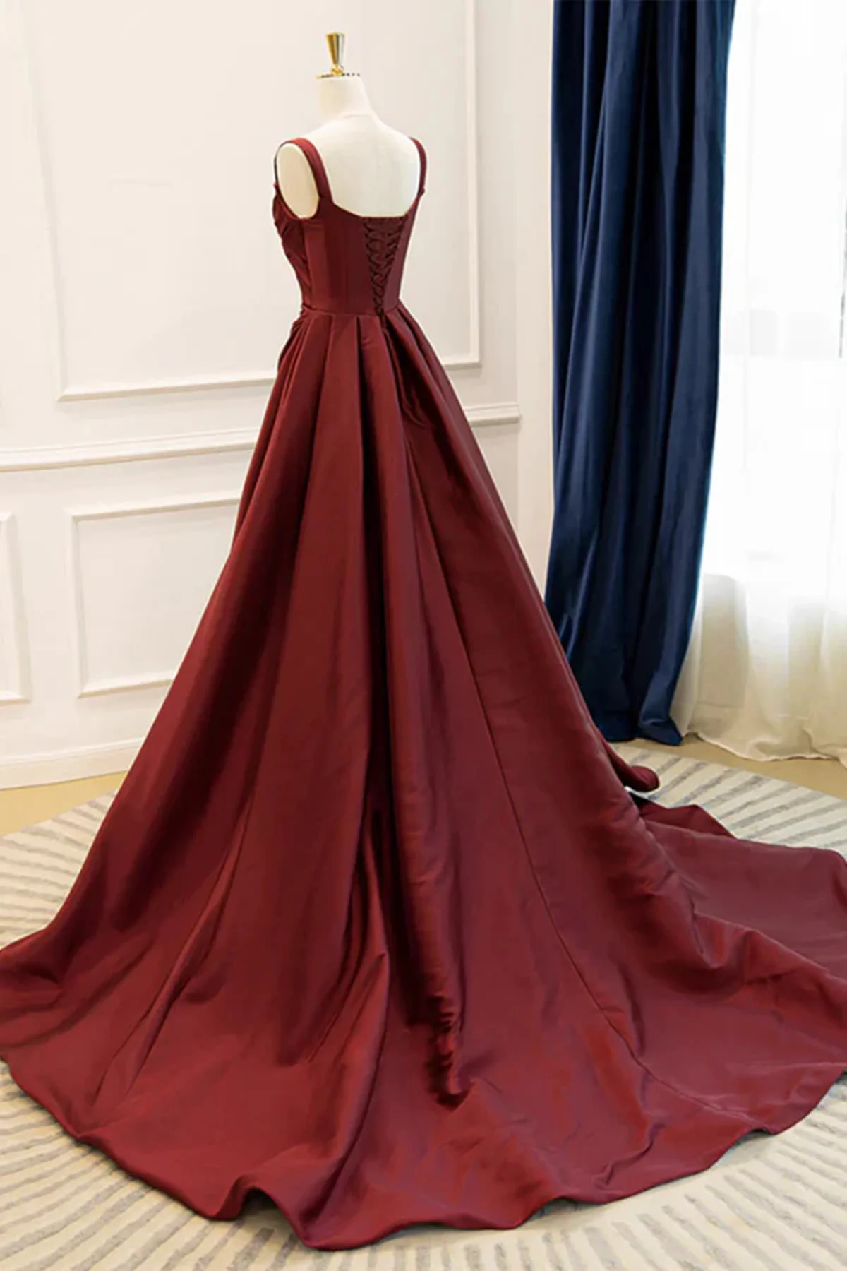 Wine Red Taffeta Straps Party Dress Prom Dress, Wine Red A-line Evening Dress - View 3 | VelvetHem