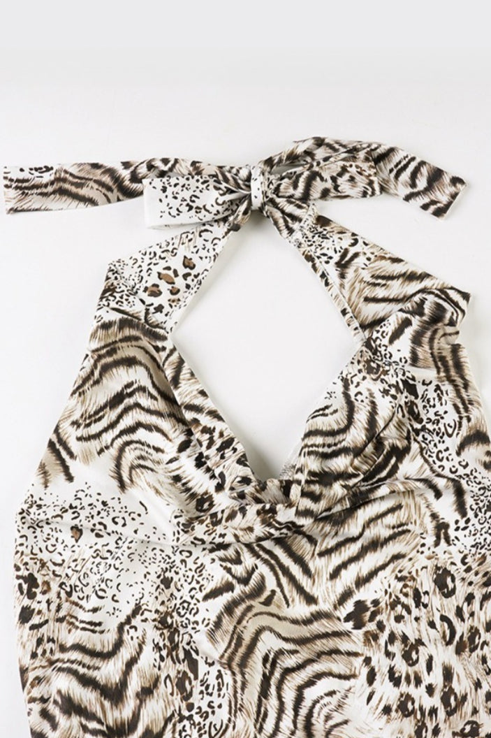 Leopard Print Halter Cowl Ruched Mini Dress