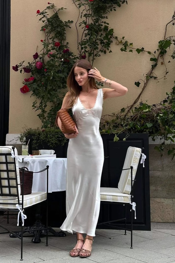 Lace Cutout White Halter V-Neck Mermaid Silk Dress - View 2 | VelvetHem