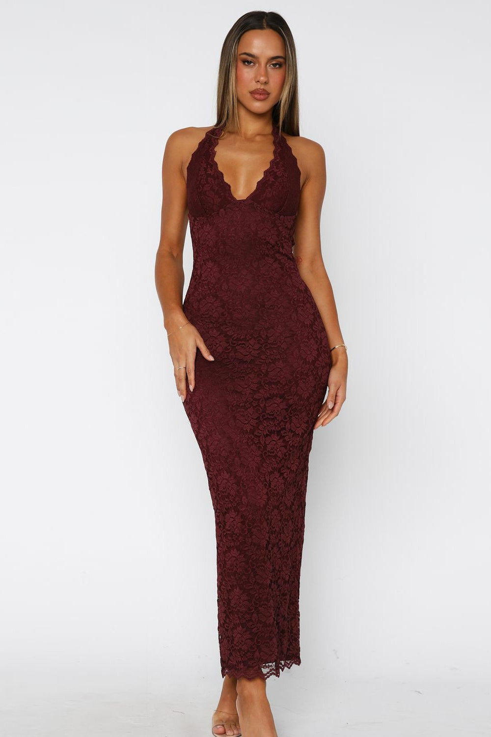 Elegant Halter Bodycon Lace Dress - View 6 | VelvetHem