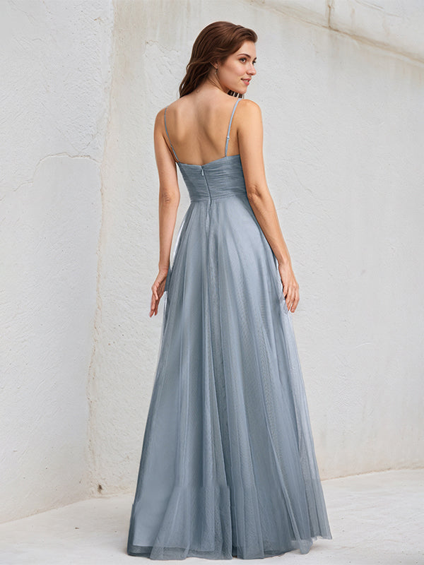 Dusty Blue A-Line V-Neck Floor-Length Lace Tulle Bridesmaid Dress