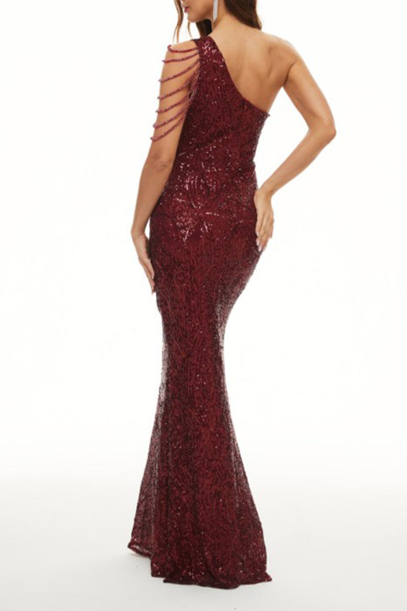 Celebrities Elegant Solid Sequins Oblique Collar Evening Dress Dresses - View 7 | VelvetHem