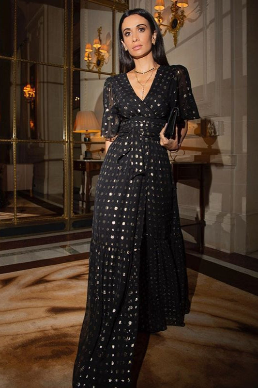 Polka Dot V-Neck Maxi Dress - View 2 | VelvetHem