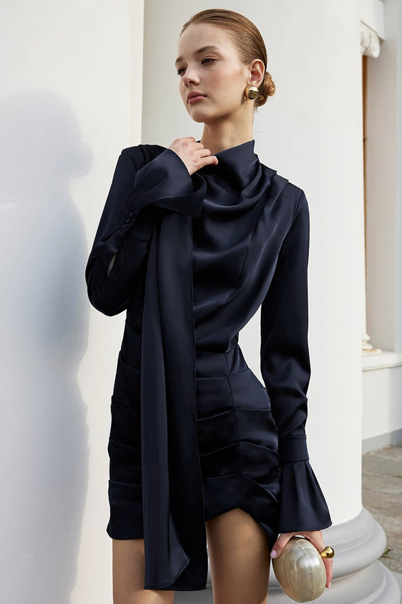 Matte Satin Bell Sleeve Mandarin Silk Dress