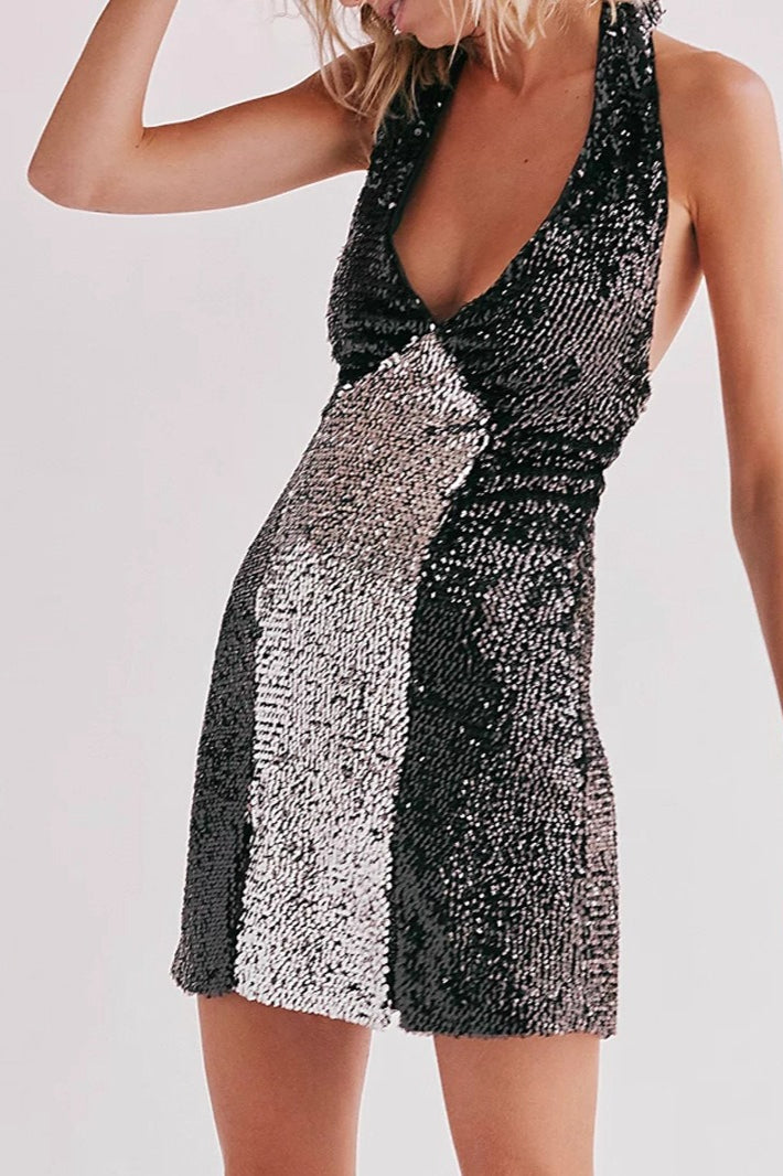 Party V Neck Spaghetti Backless Sequin Dress - VelvetHem