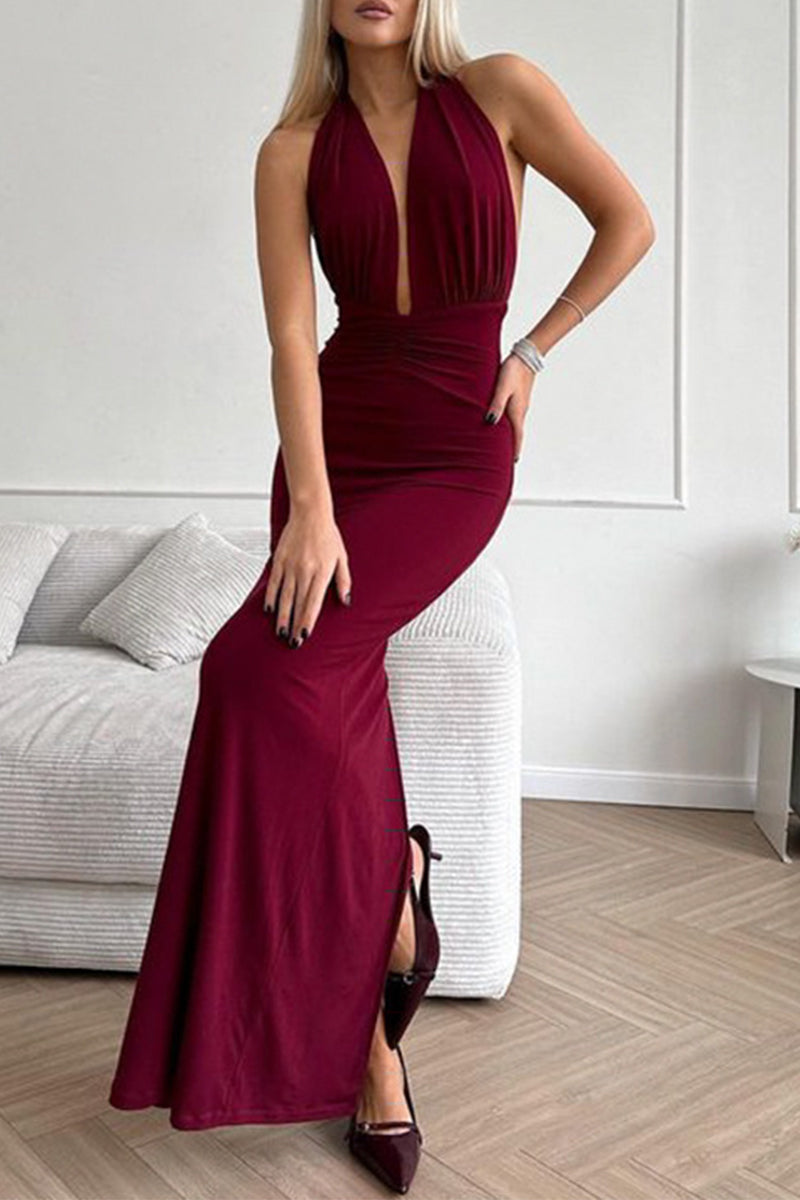 Sexy Solid Color Backless Ruched Halter Evening Dresses - View 2 | VelvetHem