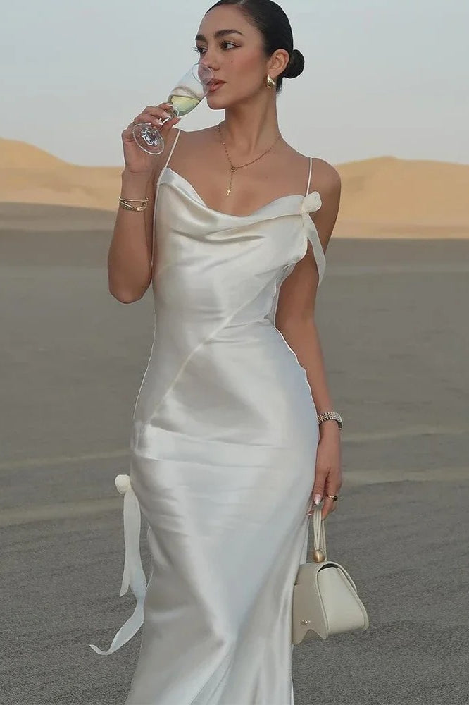 Elegant White Satin Backless Maxi Dress - View 2 | FashionDia
